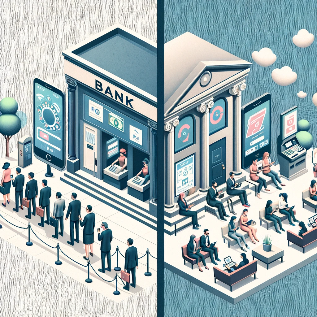 pessoas a ir a bancos físicos e outras em bancos online
