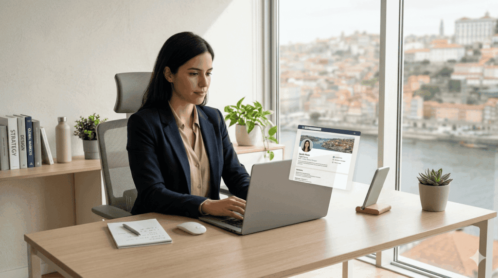 Profissional português a otimizar o perfil do LinkedIn num computador para ser encontrado por recrut
