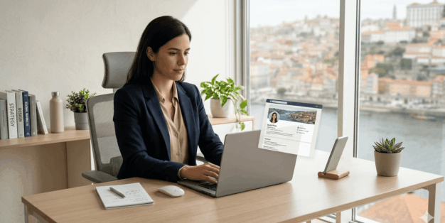 Profissional português a otimizar o perfil do LinkedIn num computador para ser encontrado por recrutadores