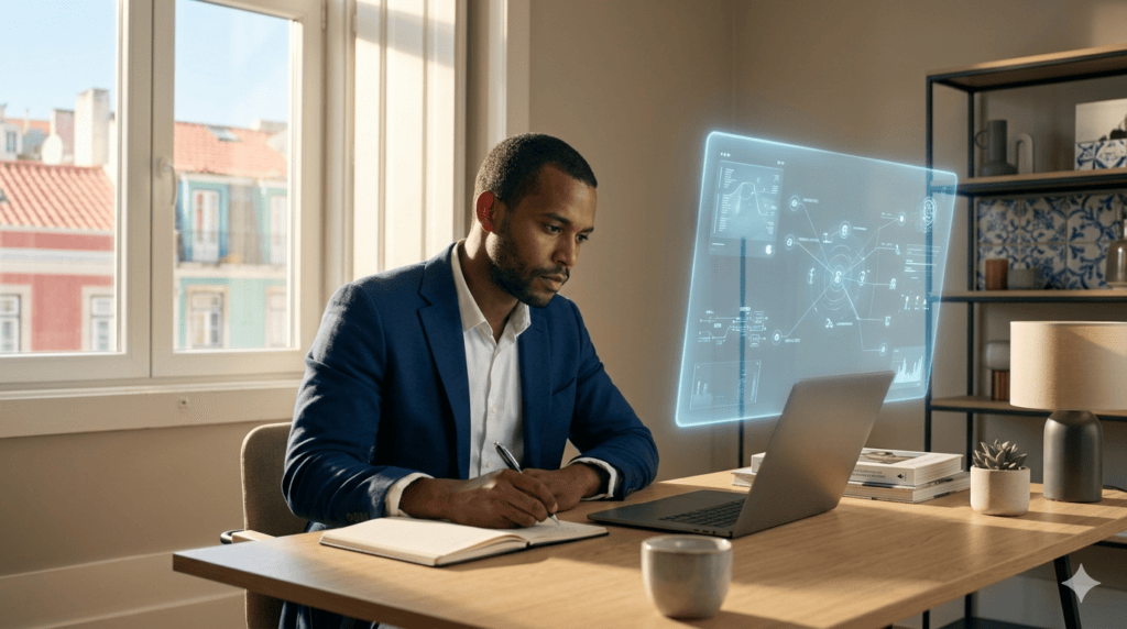 Profissional português a trabalhar com inteligência artificial no seu emprego em 2026