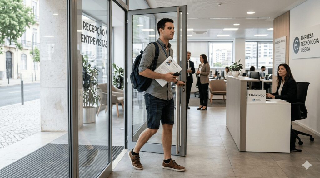 Homem português a entrar numa empresa de calções para ri a uma entrevista