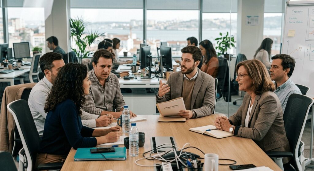 Equipa de trabalho a conversar no trabalho