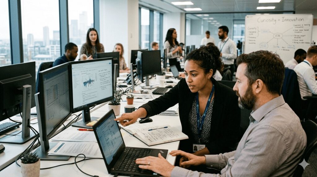 Dois colegas de trabalho a conversar sobre um tópico novo