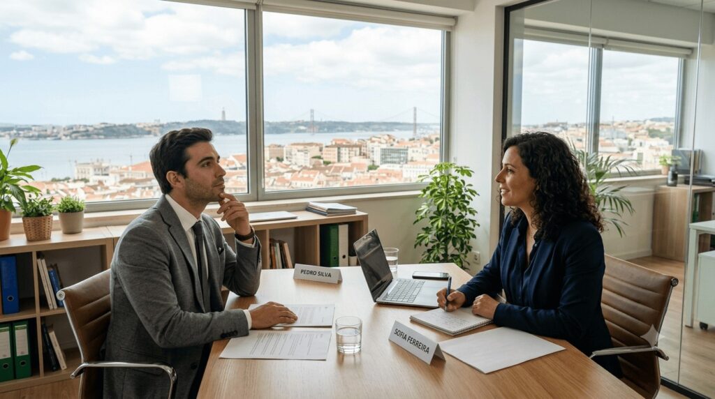 Recrutadora a fazer questões numa entrevista de emprego