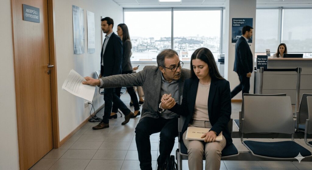Pai a acompanhar filha a uma entrevista de emprego