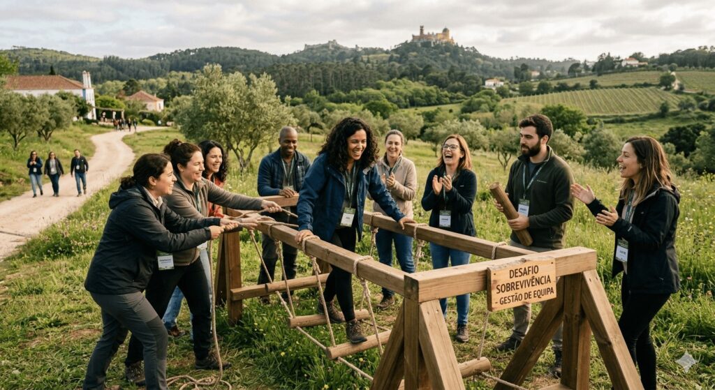 Equipa de profissionais em atividade de team building